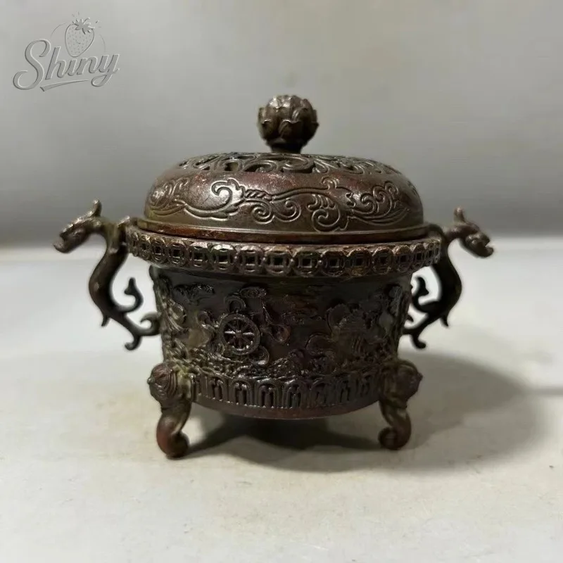 

Vintage Auspicious Eight Treasures and Sacred Beast Incense Burner with Two Handles, Three Legs, and Lid - Home Decor Piece