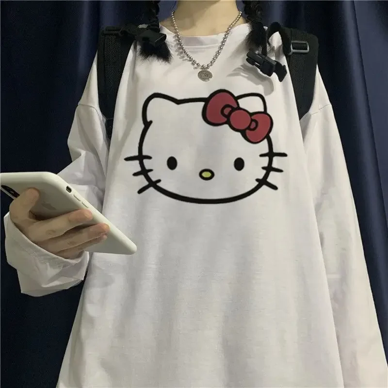 Cartoon Hello Kitty Printed Long Sleeve T-shirt Women Student Korean Style Loose Lovely Spring Autumn Graphic T Shirts Y2k Top