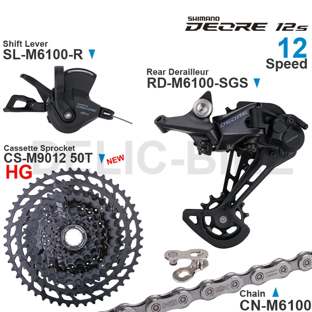 12-biegowa grupa SHIMANO DEORE M6100 z prawą dźwignią zmiany biegów, tylną przerzutką, oryginalną i zębatką kasetową SUGEK 11-50T 52T