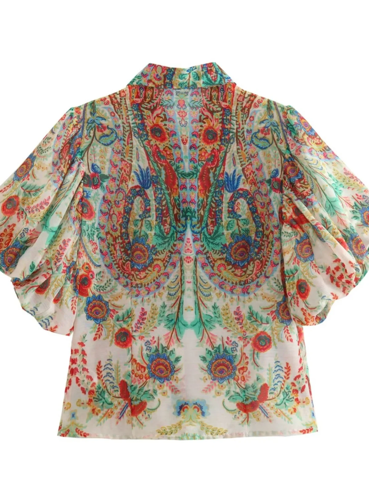 Women's  Collar Bubble Sleeve Printed Chiffon Loose Sun Protection Shirt Thin Top Street Style Short Sleeve Summer Fashion