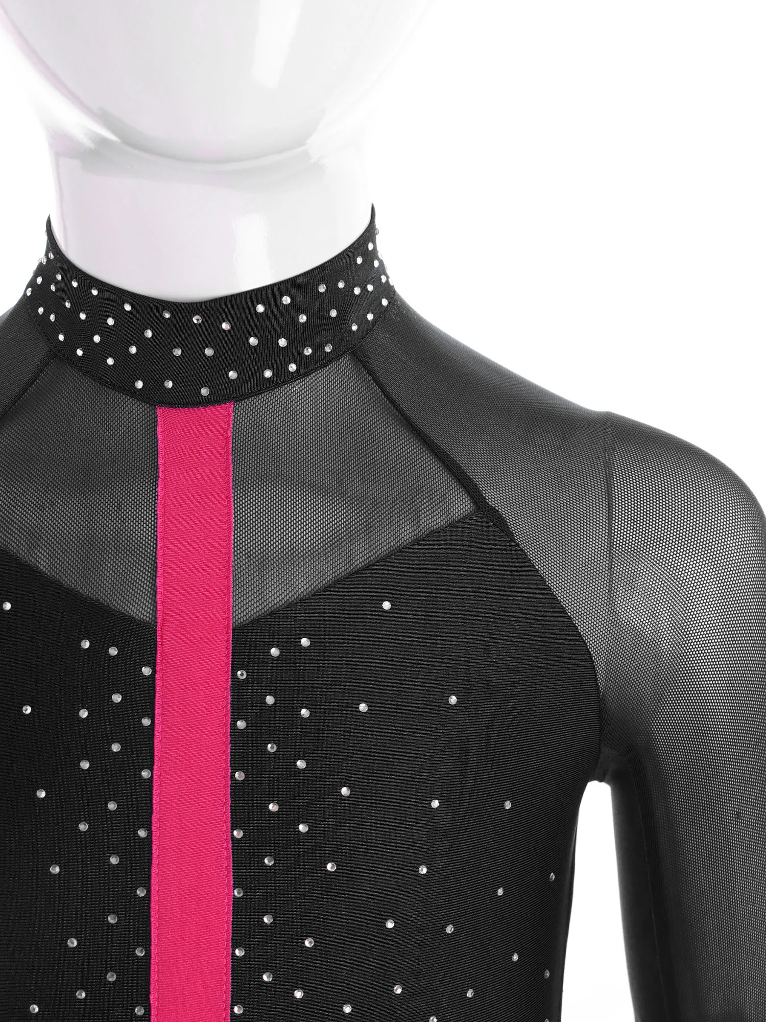 Kids Girls Gymnastics Jumpsuit Performance Costume Long Sleeve Mock Neck Cutout Back Mesh Patchwork Shiny Rhinestones Bodysuit