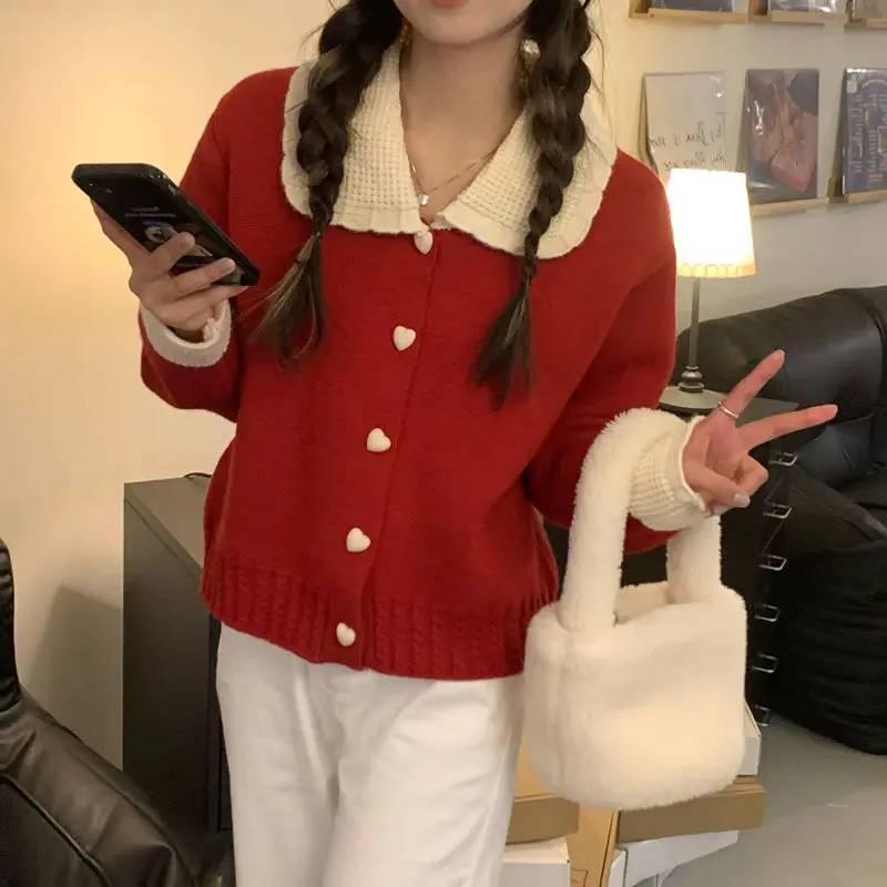 Peter Pan Collar Contrasting Colors Sweater Women Autumn Winter Loose Knitting Cardigan Sweet All-match Fashion Knitwear Tops