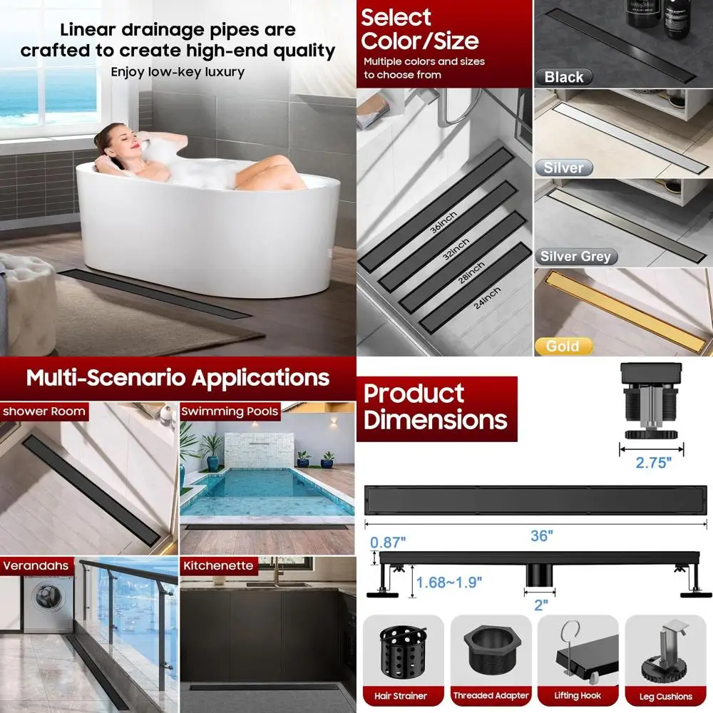 

Matte Black 36 Stainless Steel Linear Shower Drain with Tile Insert and Adjustable Feet for Bathroom and Balcony