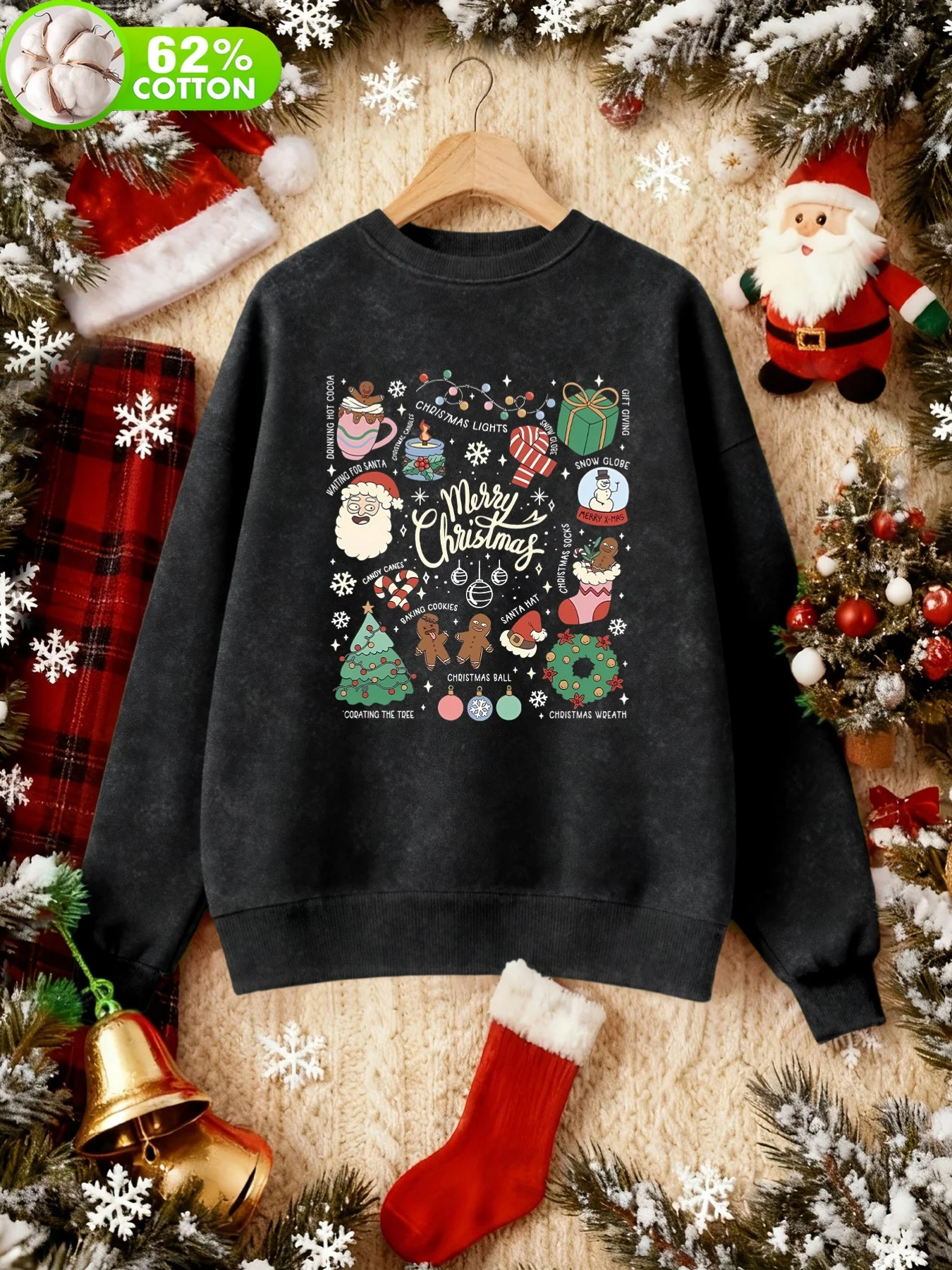 Vintage Women's Washed Round-Neck Sweatshirt with Christmas-Themed Prints for Autumn and Winter.