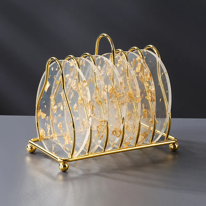 6PCS/Set Europe Acrylic Coaster Storage Creative Gold Foil Anti-scald cup mat Light Luxury Transparent Coasters Home Decoration