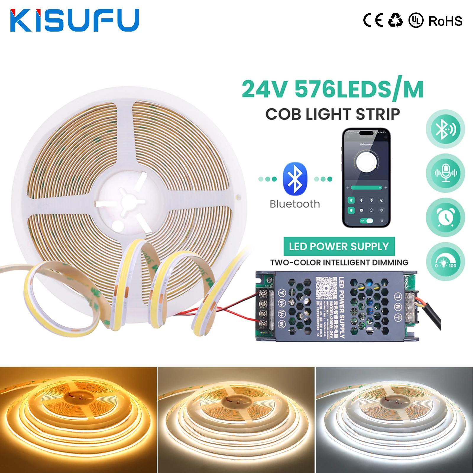 

Intelligent CCT COB LED Strip Fairy Lights Bluetooth 576LEDs/M 24V Dimmable LED Strip Light with Power Supply for TV Party 10M