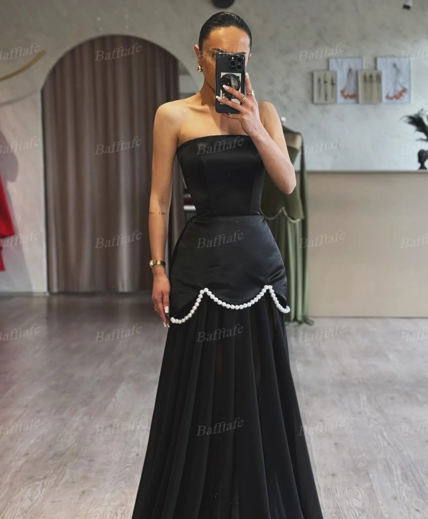 Bafftafe A Line Satin Chiffon Prom Dresses Customized Women Formal Occasion Gown Pearls Strapless Arabia Evening Party Dress image 3