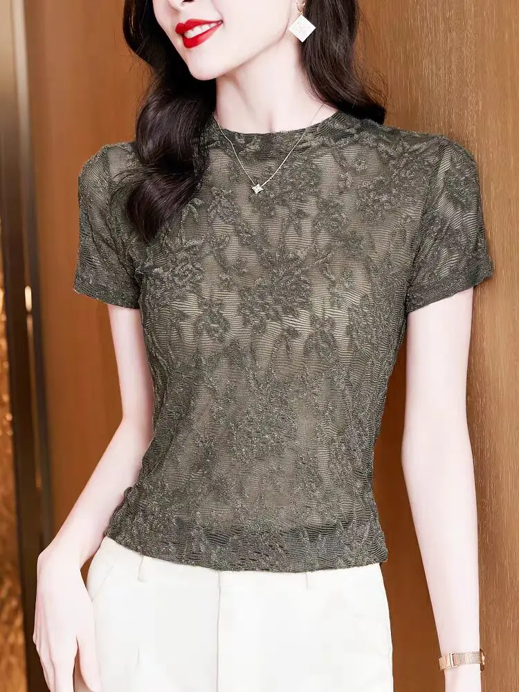 Summer Trend All-match Woman Lace Solid Sheer T-shirt Office Mesh Sheer Bottoming Round Neck Silm Short Sleeves Female M-3XL