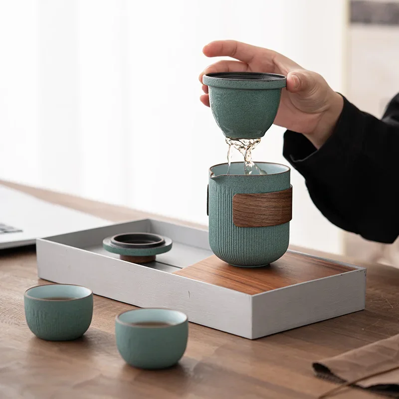 Retro Luxury One Pot Four Cups Tea Maker Ceremony Ceramic Portable Storage Bag Gongfu Travel Tea Set Outdoor Camping Teaset Gift