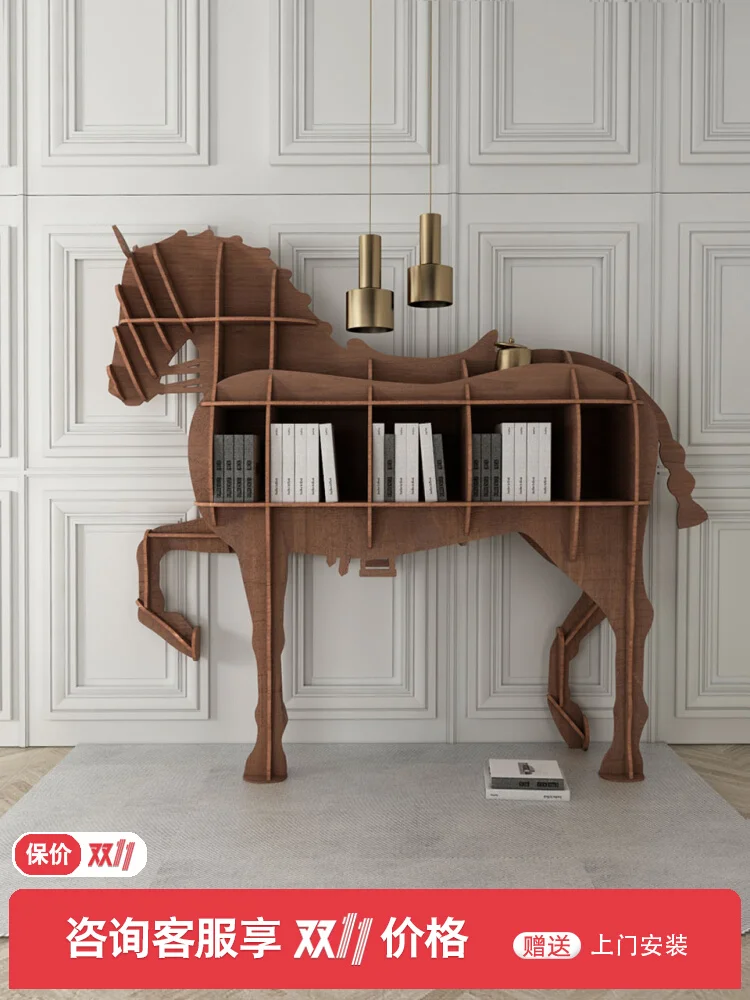 

Horse creative bookshelf light luxury arched bookcase, solid wood storage shelf, sofa sideboard, entrance living room, partition