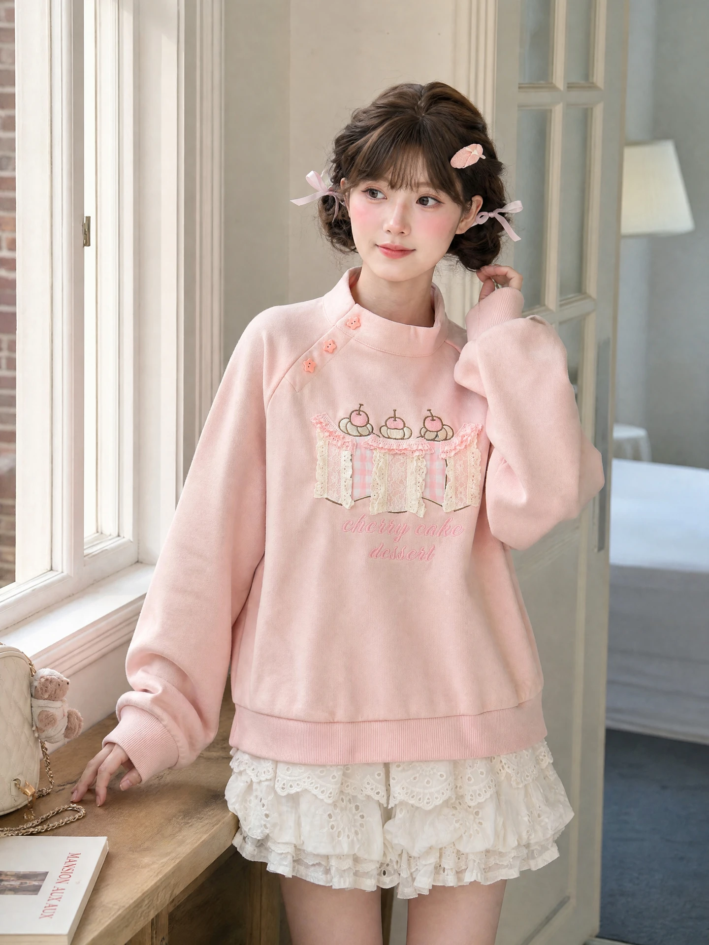 Sweet Style Embroidered Loose Fit Hoodie Women's New Autumn Girl Half High Collar Slimming Top Cotton Polyester Blend Long Sl...