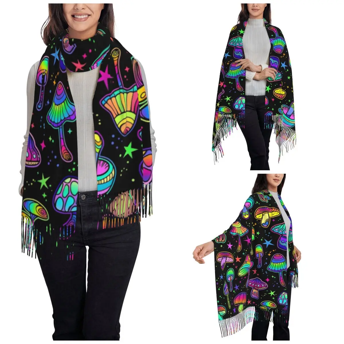 Womens Scarf with Tassel Magic Mysterious Mushrooms Single-sided Pattern Winter Warm Shawl and Wrap Gifts Pashmina Scarves