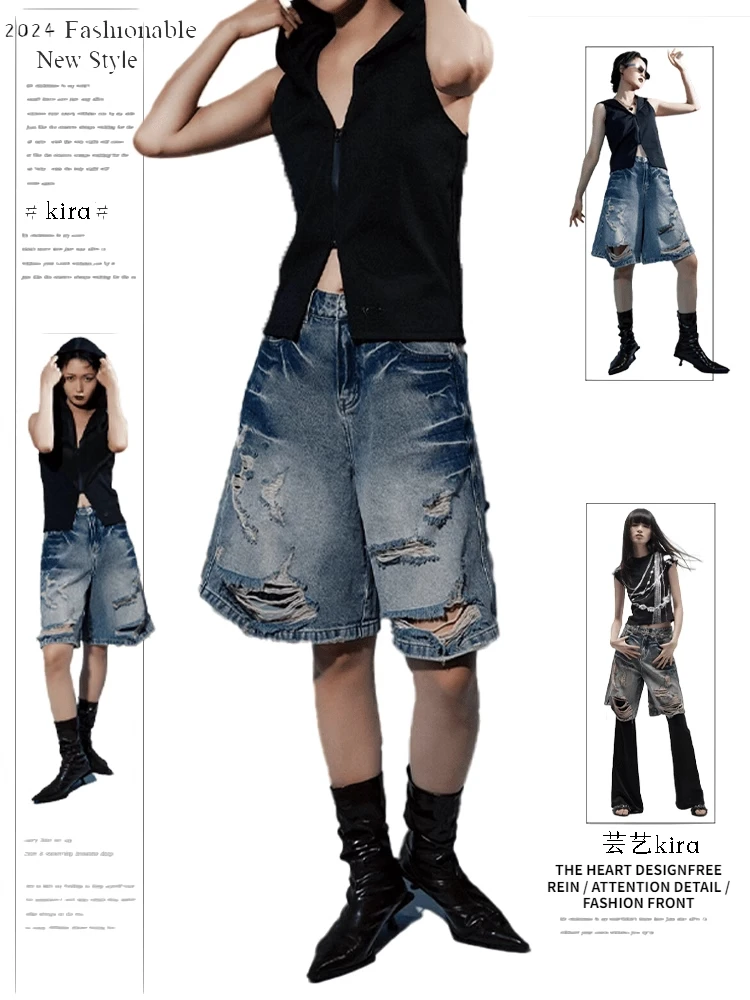 Summer Women 2000s Grunge Kpop Japanese Gyaru Low Rise Jean Shorts Hole Knee Length Denim Pants Y2k Streetwear Harajuku E-girl