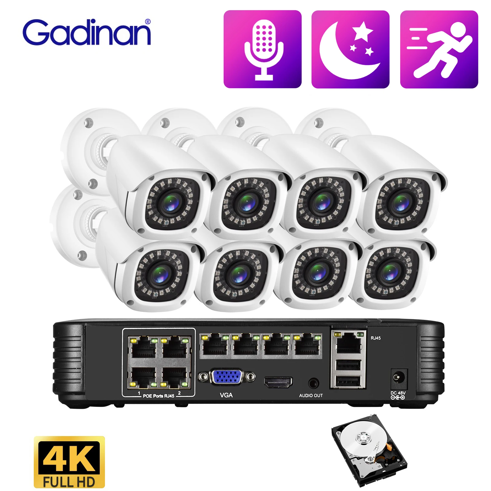 Gadinan 4CH 8CH Audio NVR IP Cameras Kit Motion Detection 4K 8MP IR-Cut Night Vision P2P CCTV Security Camera System Email Alert