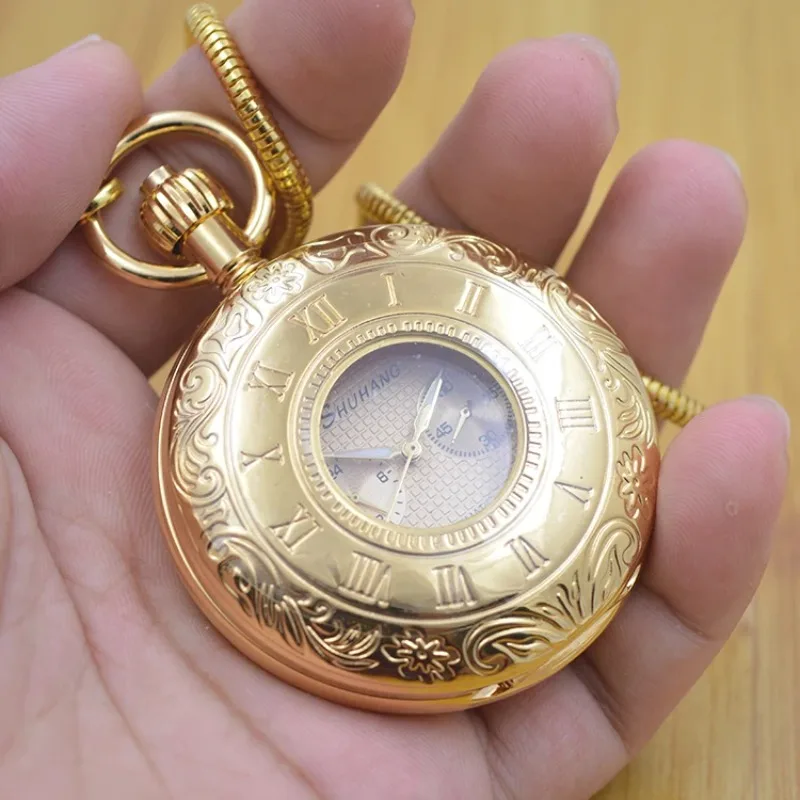 Luxury Style New Arrival Vintage Copper Hollow Case Hand Winding 5 Hands Mechanical Pocket Watch Mens Watch W/Fob Chain