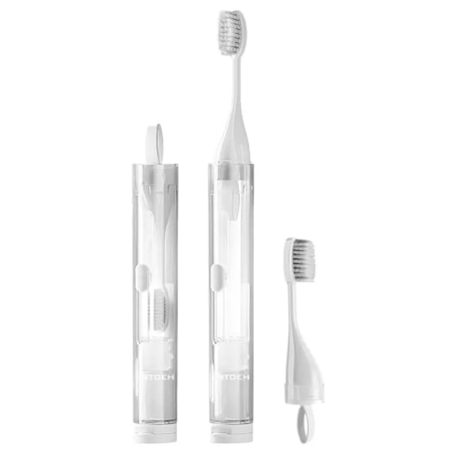 Foldable Travel Toothbrush with Toothpaste Container, 2 Brush Head Lightweight for business trips camping travel, portable reus