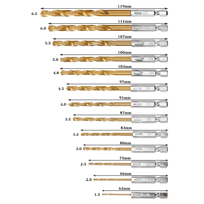 13 pz 1/4 codolo esagonale 1.5-6.5mm manico esagonale Twist DrillHSS Set di punte da trapano in acciaio ad alta velocità con rivestimento in titanio