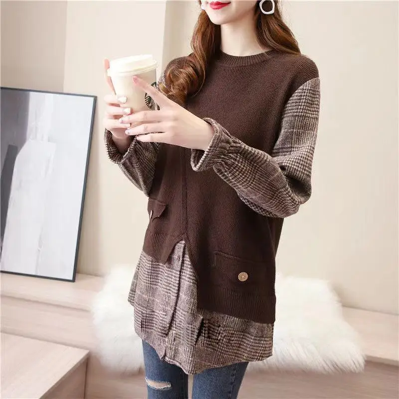 Fake Two-piece Sweater Women\'s Spring and Autumn Thin Section 2024 New Loose Korean Plaid Stitching Round Neck Pullover Top E51