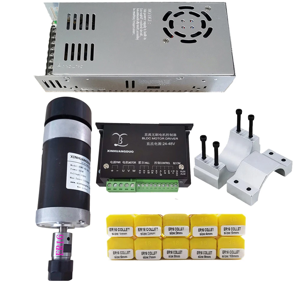 

DC 500W 48V Brushless Spindle Kit, 12000RPM High Speed CNC Motor ER11 or ER16 Collet, 55MM Clamp, Screws & 48V Driver+10.5A PSU