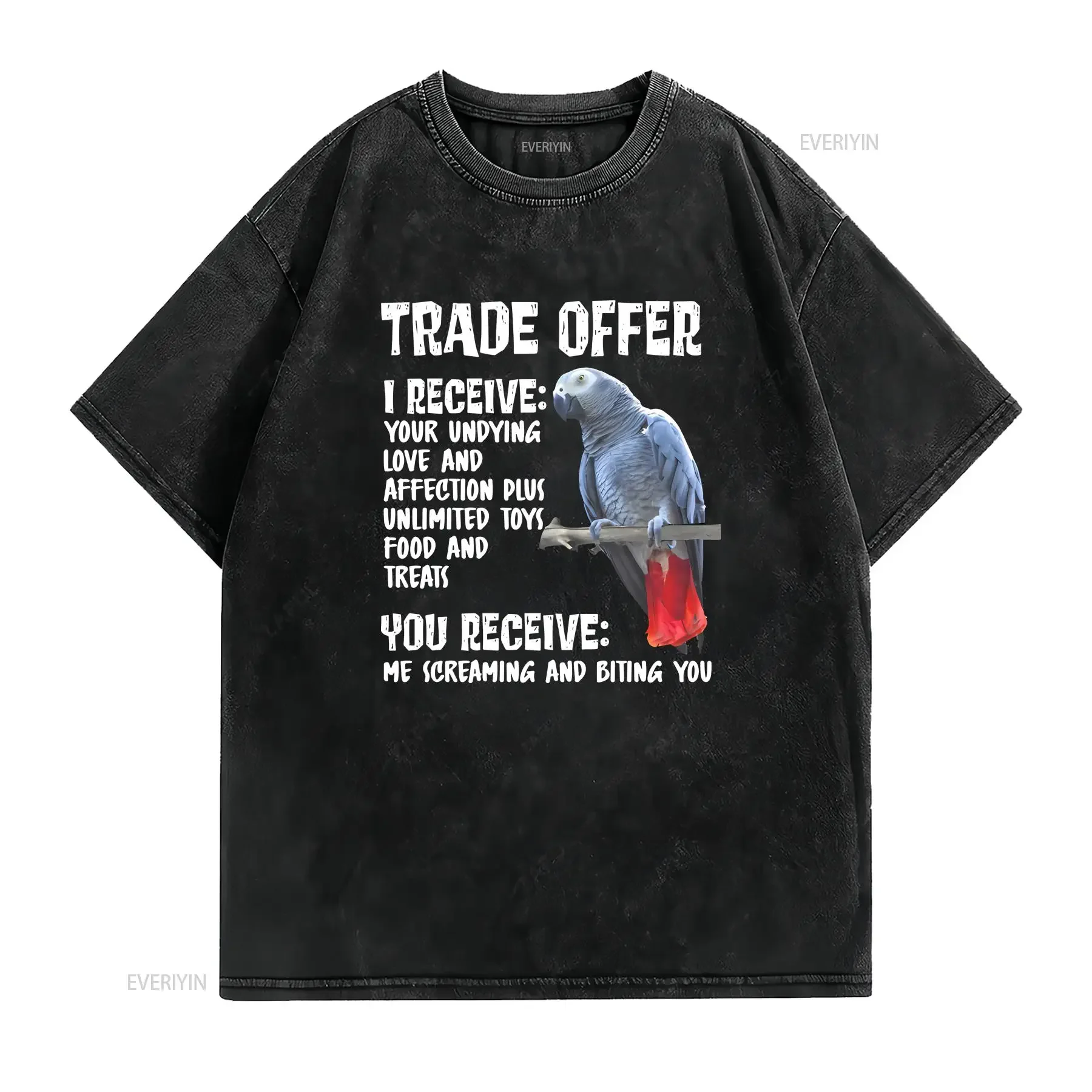 Congo African Grey Trade Offer T Shirt Gray Parrot Mom Dad Funny Screaming Biting vintage Washed Soft homme fashion Stretched