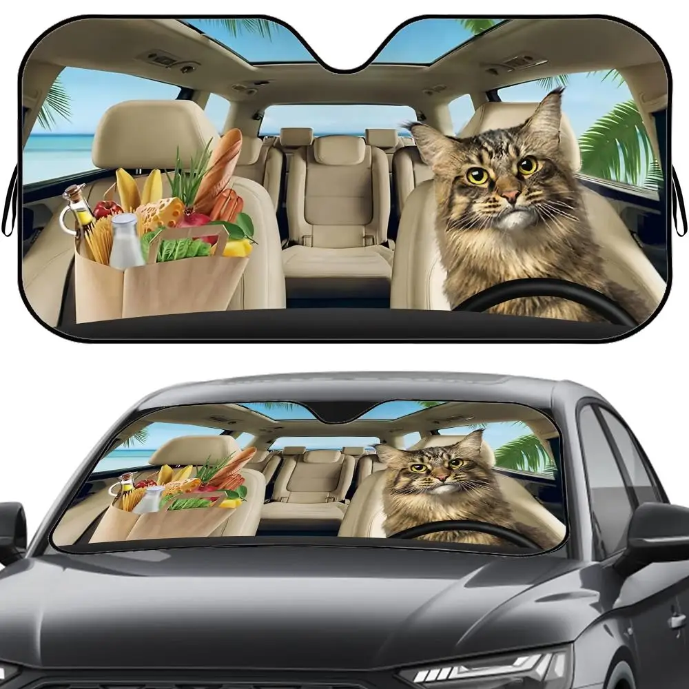 

Maine Coon Cat Sun Visor Reusable Aluminum Foil Windshield UV Protection Heat Insulation Cover Sunshade