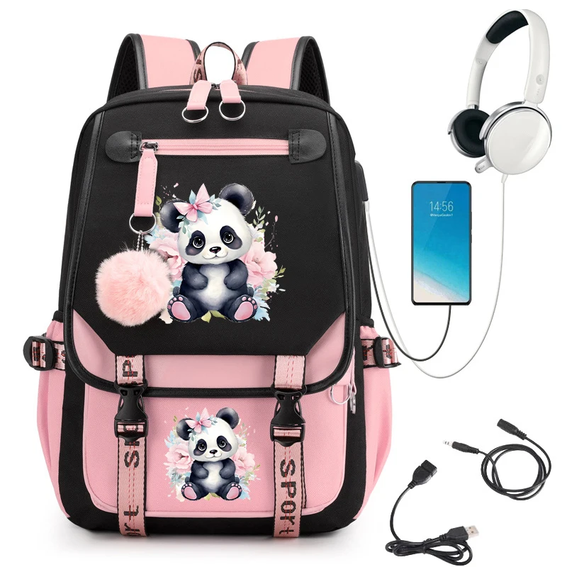 Floral Panda Imprimir Mochila Escolar, Saco dos desenhos animados para meninas adolescentes, Anime Estudantes, USB Bookbag, Animais Manga Bagpacks