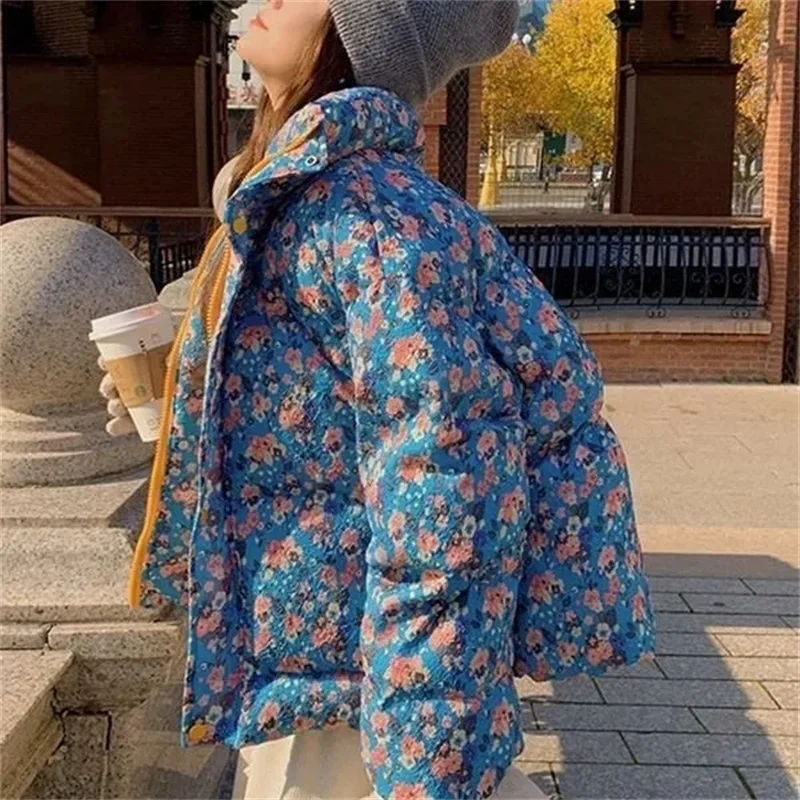 

Ladies Floral Print Short Cotton-padded Jacket Coat 2024 Autumn Winter New Thick Warm Bread and Sweet Cotton Coat Outwear Women