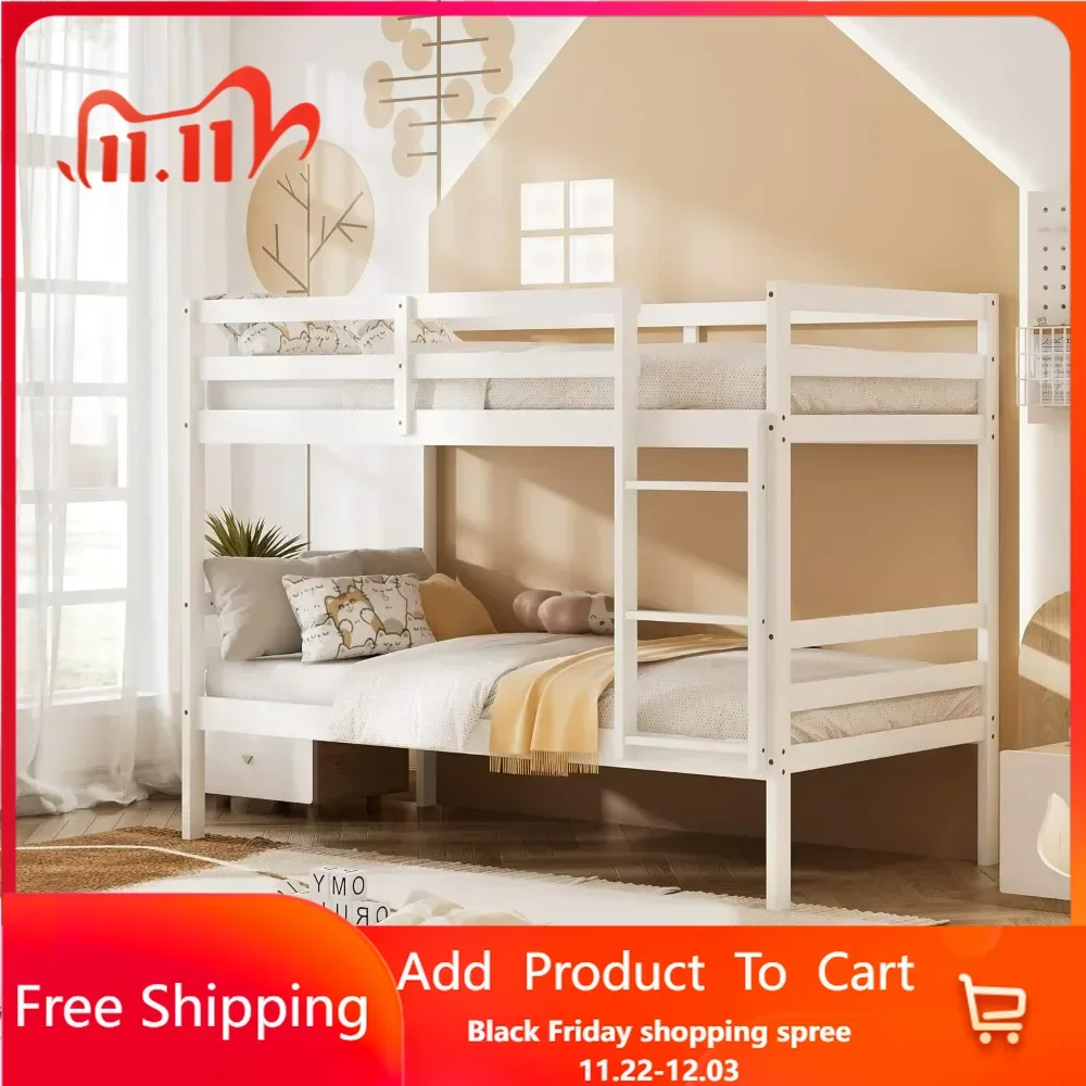 Wood Bunk Bed Twin Over Twin, Bunk Bed with Ladder & Safety Guardrail, Solid Wood Bed Frame, Ideal for Multiple-Child Family