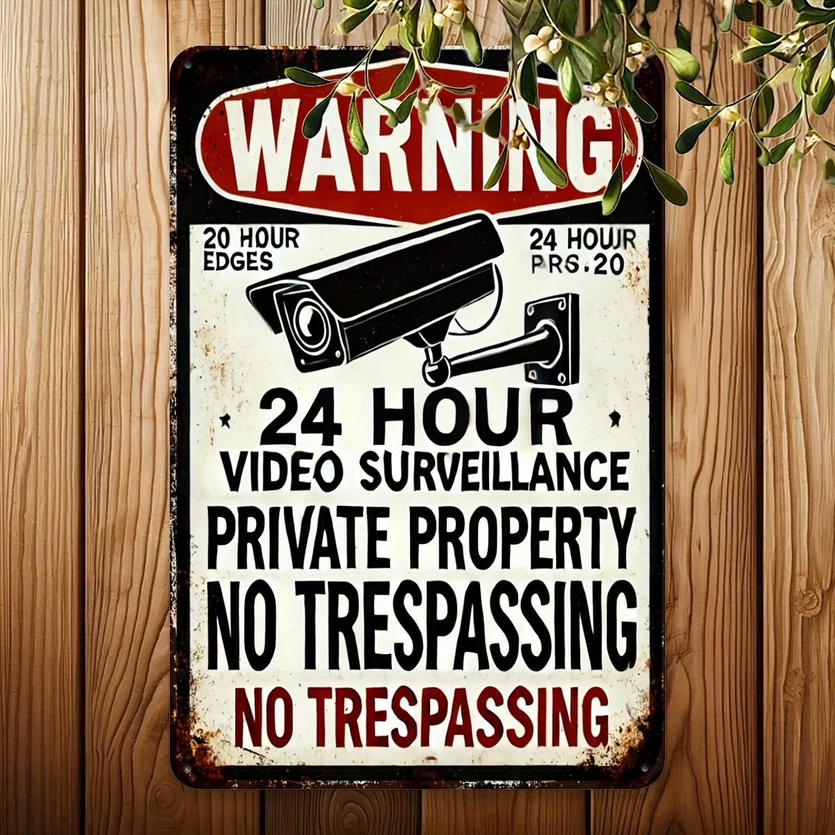 1 Vintage Metal Warning Sign Wall Decor - 24-Hour Video Surveillance No Trespassing Decorative Sign, Suitable for Home, Garage