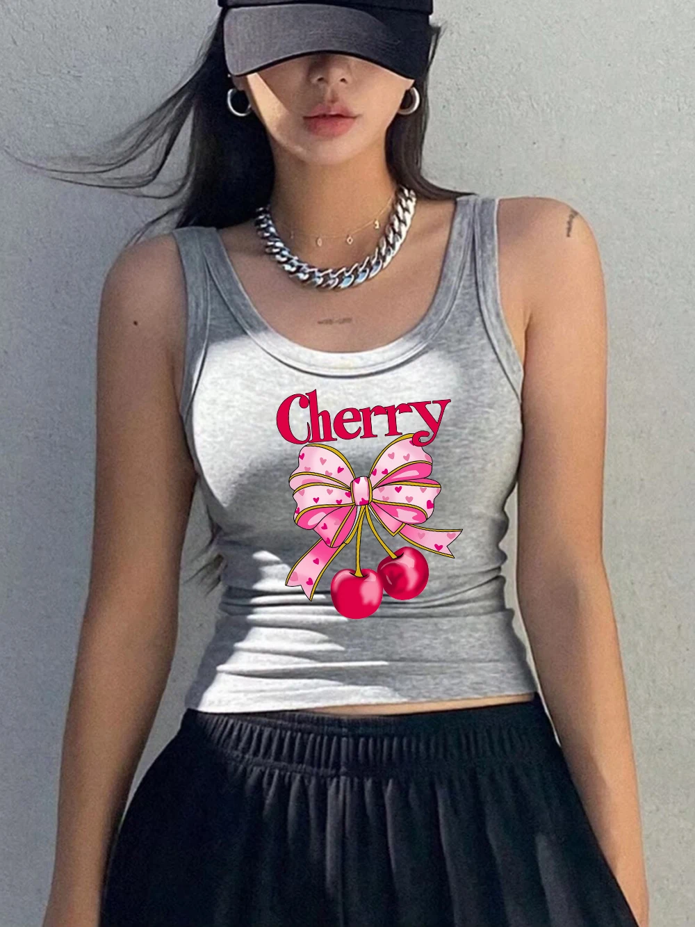Pink Bow Cherry Fruit Printing Vest Sporty Womens Cotton Tank Tops Korean Soft Slim Ribbed Knit Sleeveless Summer O-Neck Singlet