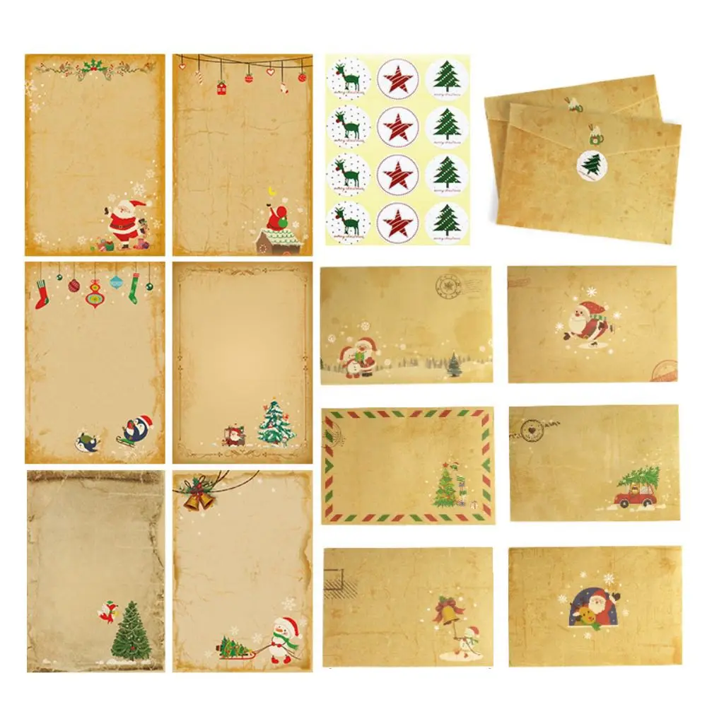 1 Set Vintage Christmas Kraft Letter Paper Santa Claus Snowman Letter Pad Gift Envelopes Xmas Party DIY Invitation Greeting Card