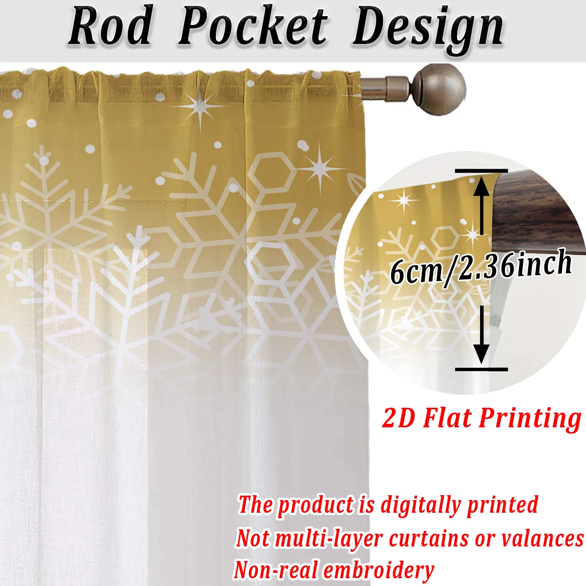 Christmas Flat Printing Sheer Curtain with Christmas Snowflak for Living Room Bedroom Decor Holiday Party