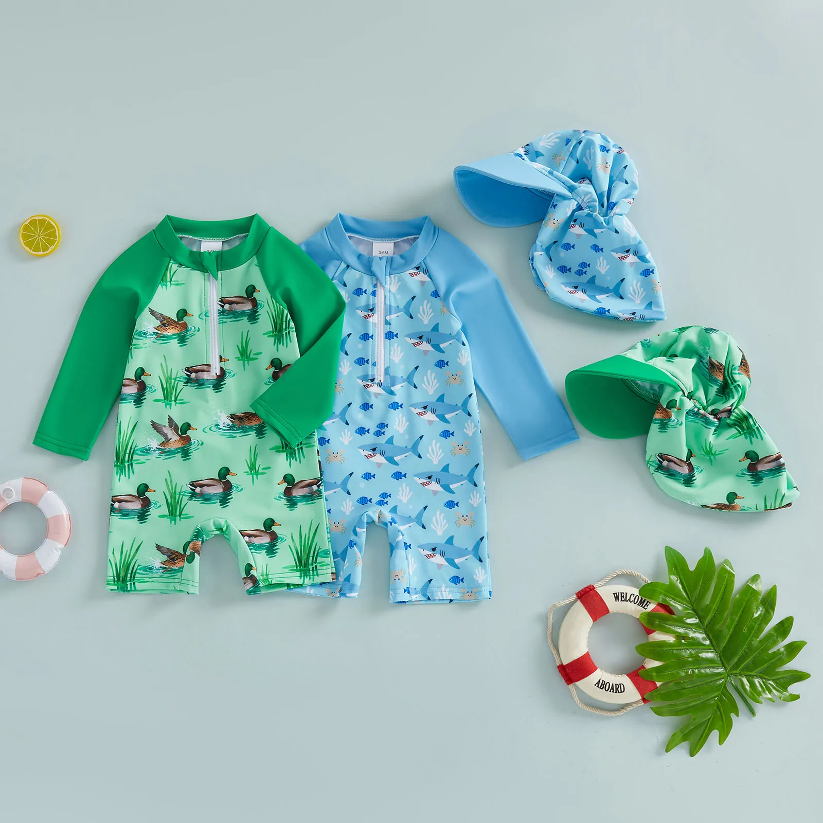 

Купальник для малышей с защитой от солнца, с принтом акулы/утки, с длинными рукавами, на молнии, с шапочкой для плавания, летний купальный костюм