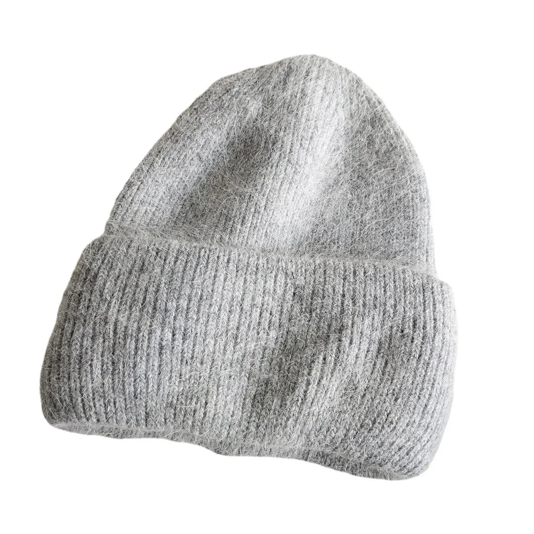 Winter Hat Angora Rabbit Fur Hats For Women Fashion Warm Beanie Candy Color Striped Knitted Hat Women Solid Adult Cover Head Cap