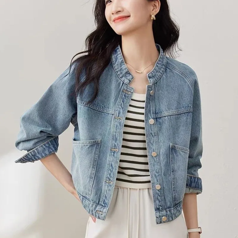 

Fashion Washed Denim Short Jacket Coat 2025 Women's Spring Autumn New Single Breasted Stand Collar Long Sleeve Top