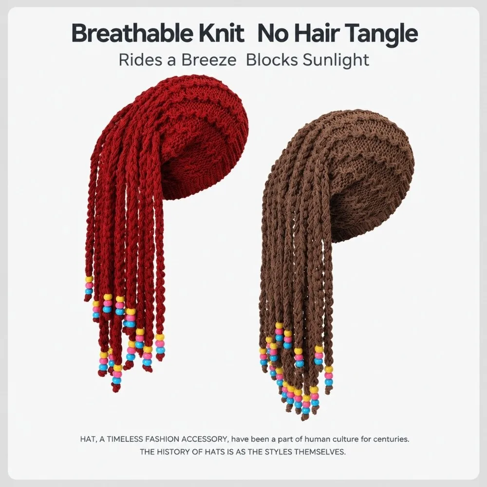 Knitted Dreadlock Beanie Color Bead Decor Integrated Braid Braided Wig Hat Thick Yarn Faux Braid Wig Beanie Autumn Winter Wear