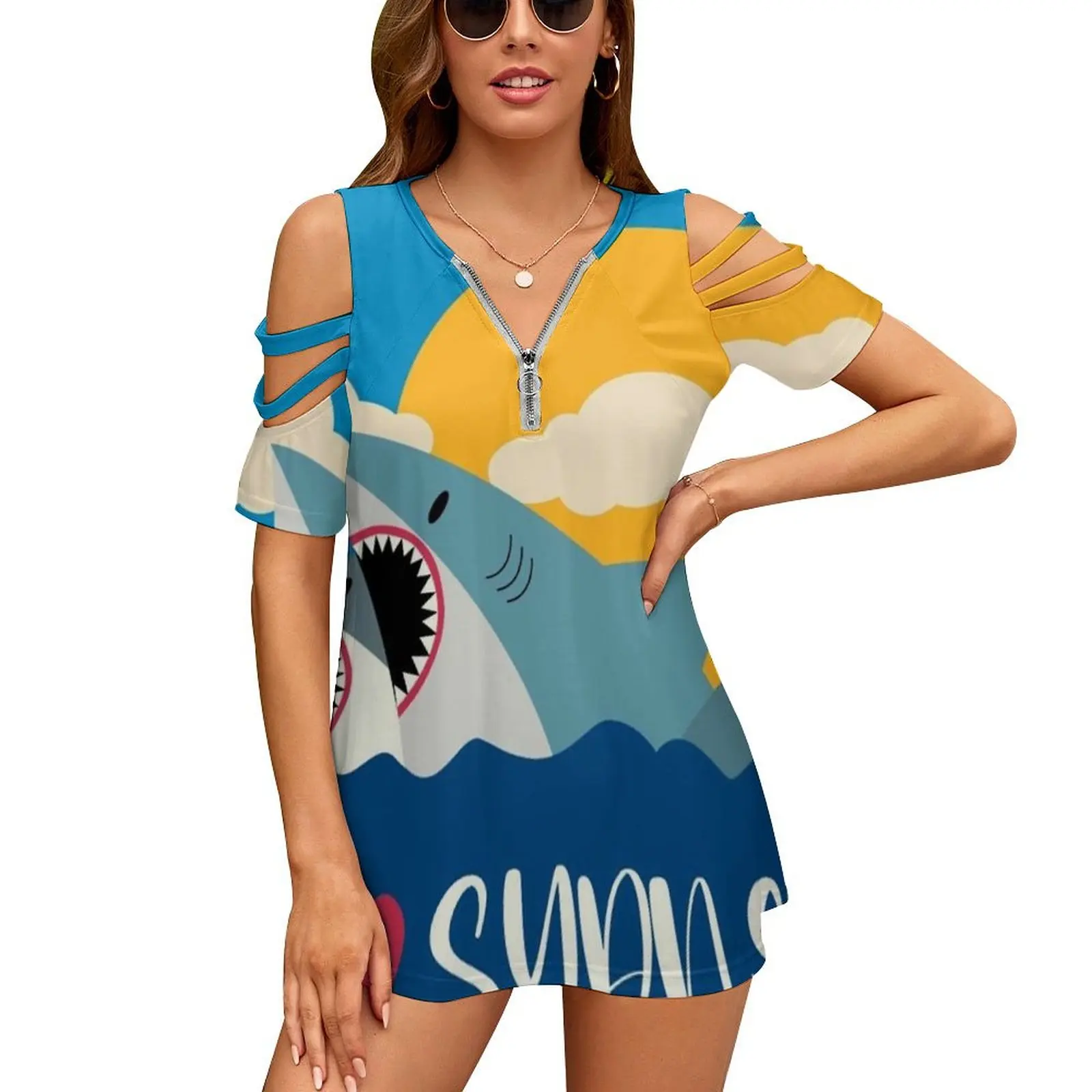 I Love Sydney | Shark Opera House New Fashion Zip Off Shoulder Top Short-Sleeve Women Shirt I Love Sydney Shark Opera House