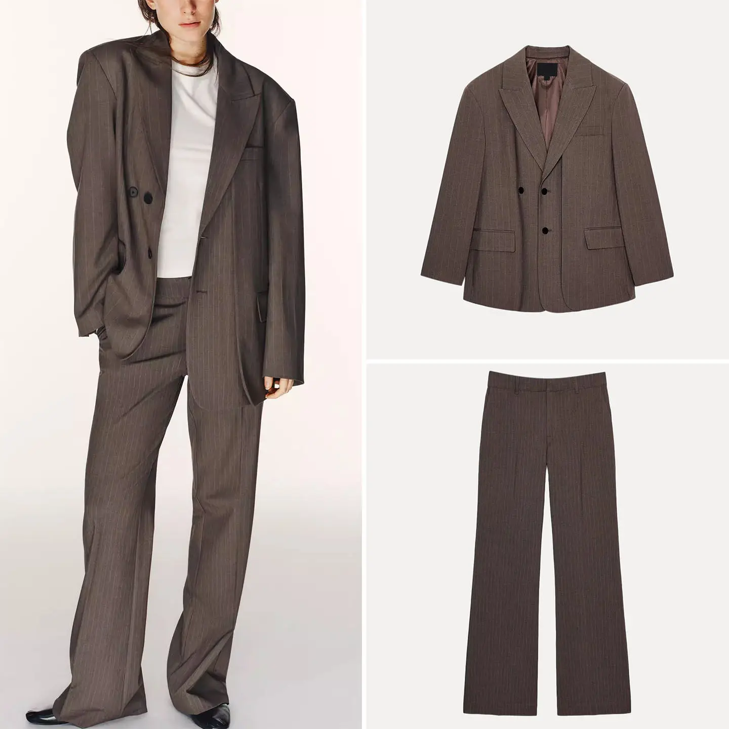 

Women's Spring 2026 Double Layer Fabric Suit Jacket with Slim Stripes Pants Long Sleeve Regular Length Fashion Set