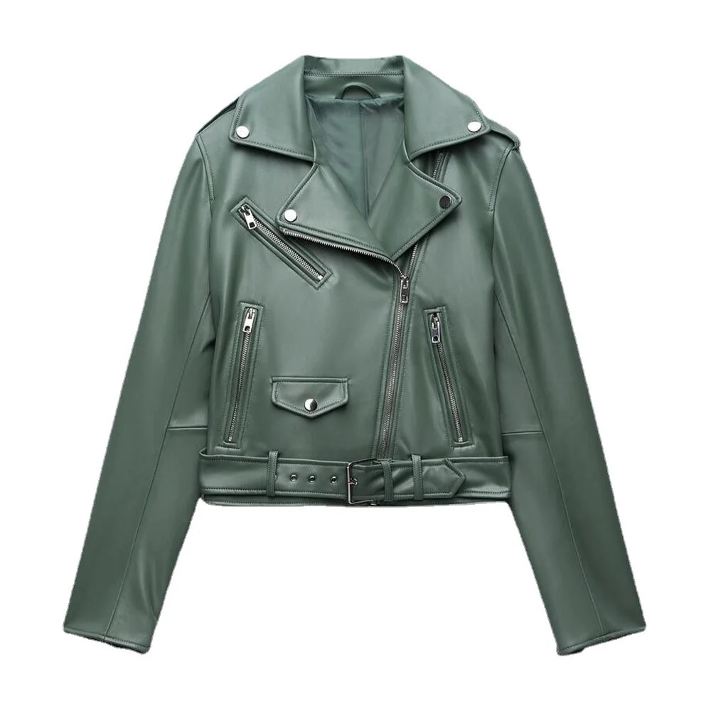 European And American Autumn Winter Women Faux Leather Motorcycle Jacket Female Small Lapel Green Ladies Trench Coat Streetwear