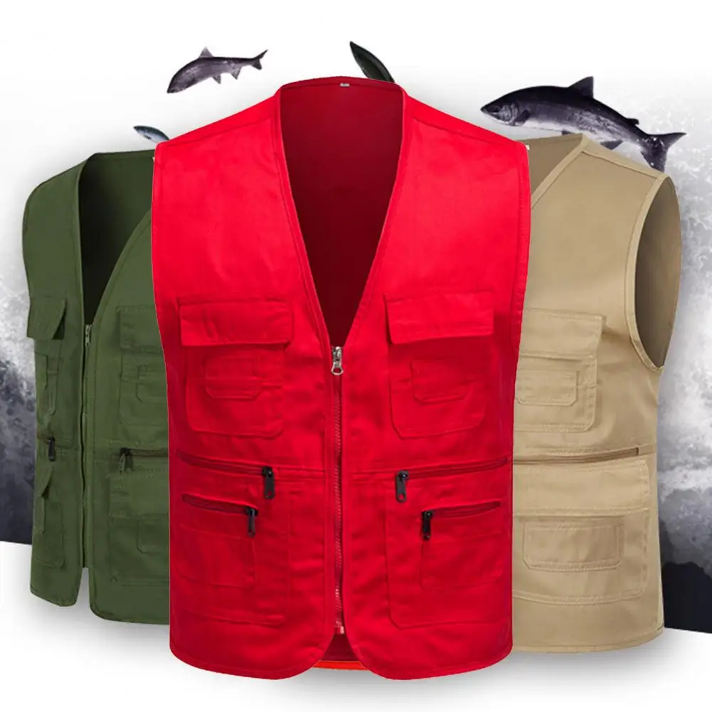 Men Waistcoat Multi Pockets Zipper Breathable Cardigan Outdoor Waistcoat Solid Color Solid Color Sleveless Camping Fishing Vest