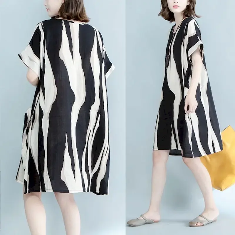 Robes en coton et lin pour femmes, mode t-shirt à rayures verticales, jupe d'été, protection solaire, décontractée, ample, manches courtes, robe surdimensionnée