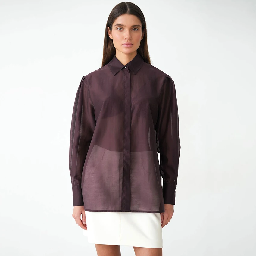 

Linad Office Purple Sheer Mesh Shirts Female 2025 Elegant Single-Breasted Woman Blouse Autumn Casual Long Sleeve Ladies Tops