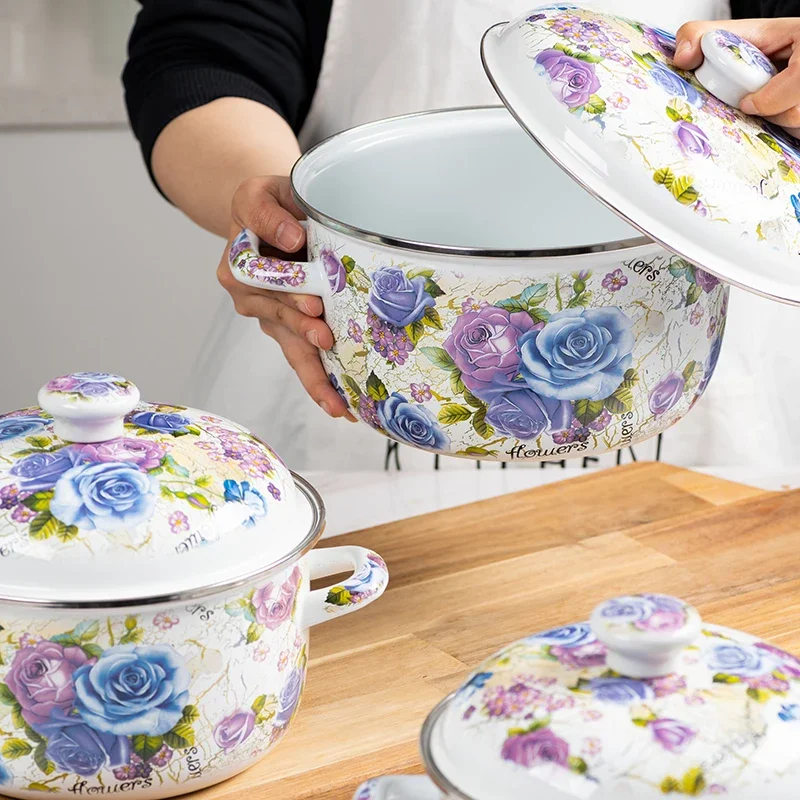 Enamel Stew Pot Non-Stick Cookware for Kitchen Thickened Household Highlight Soup Pot Vintage Flower with Lid Handler Ramen pot