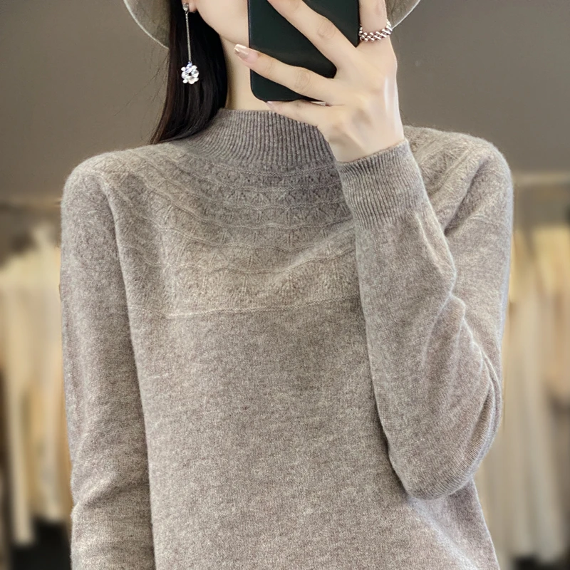 2024 New Pullover Long Sleeved Semi High Neck Hollowed Out Loose Sweater Women\'s Korean Version Autumn And Winter Base Sweater