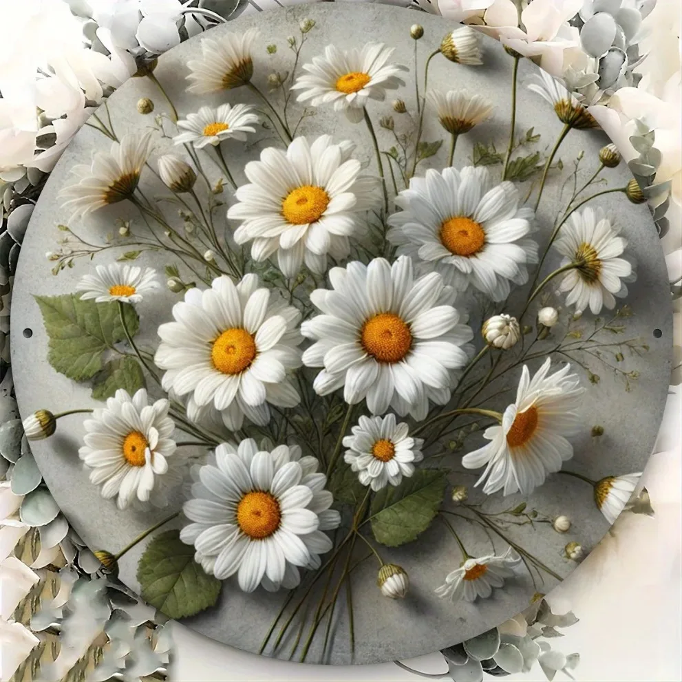 خمر ديزي إكليل علامة ريفي جولة جدار ديكور مع الأقحوان البيضاء أوراق خضراء فن المنزل