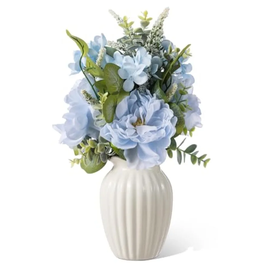

18" Artificial Flower Arrangement Table Centerpiece Blue Peony and Hydrangea Centerpiece in Ceramic Vase for Spring Home Decor
