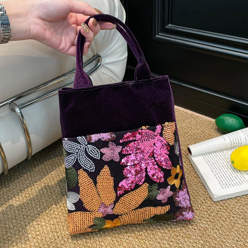 Elegante Pailletten-Blumen-Samt-Patchwork-Handtaschen für Damen Vielseitige Strukturierte Leichte Tragetaschen Hochwertige Quadratische Damentaschen