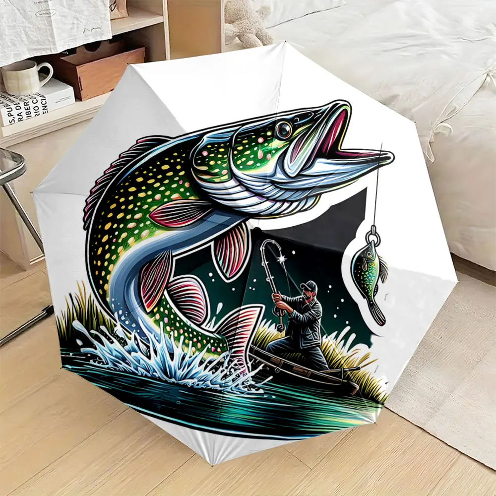 Fishing Adventure Design with Big Fish and Fisherman portable waterproof sun rain umbrella for outdoor travel beach