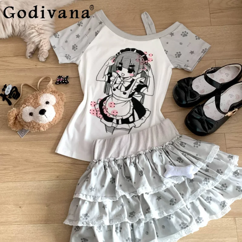 

Original Japanese Girls Cute 2-piece Set Summer New Kawaii Clothing Top Two-dimensional Anime Printed T-shirt and Skirt Outfit