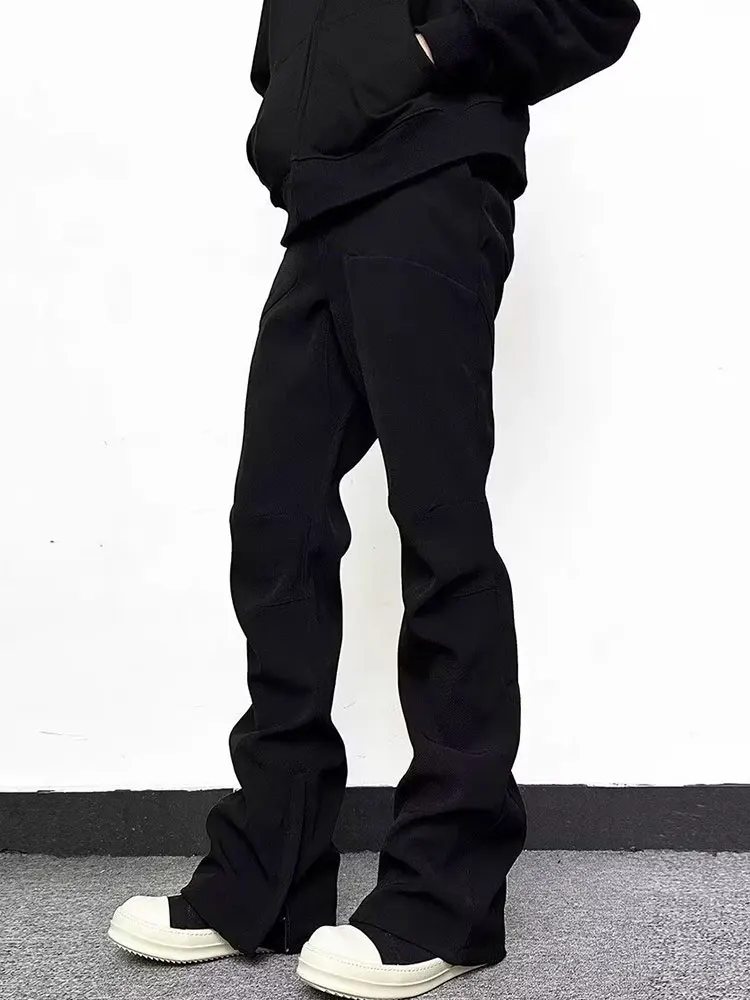 

Trendy High Street Men's Summer Casual Pants American Retro Zipper Slit Loose Haome Drapey Straight Leg Long Trousers